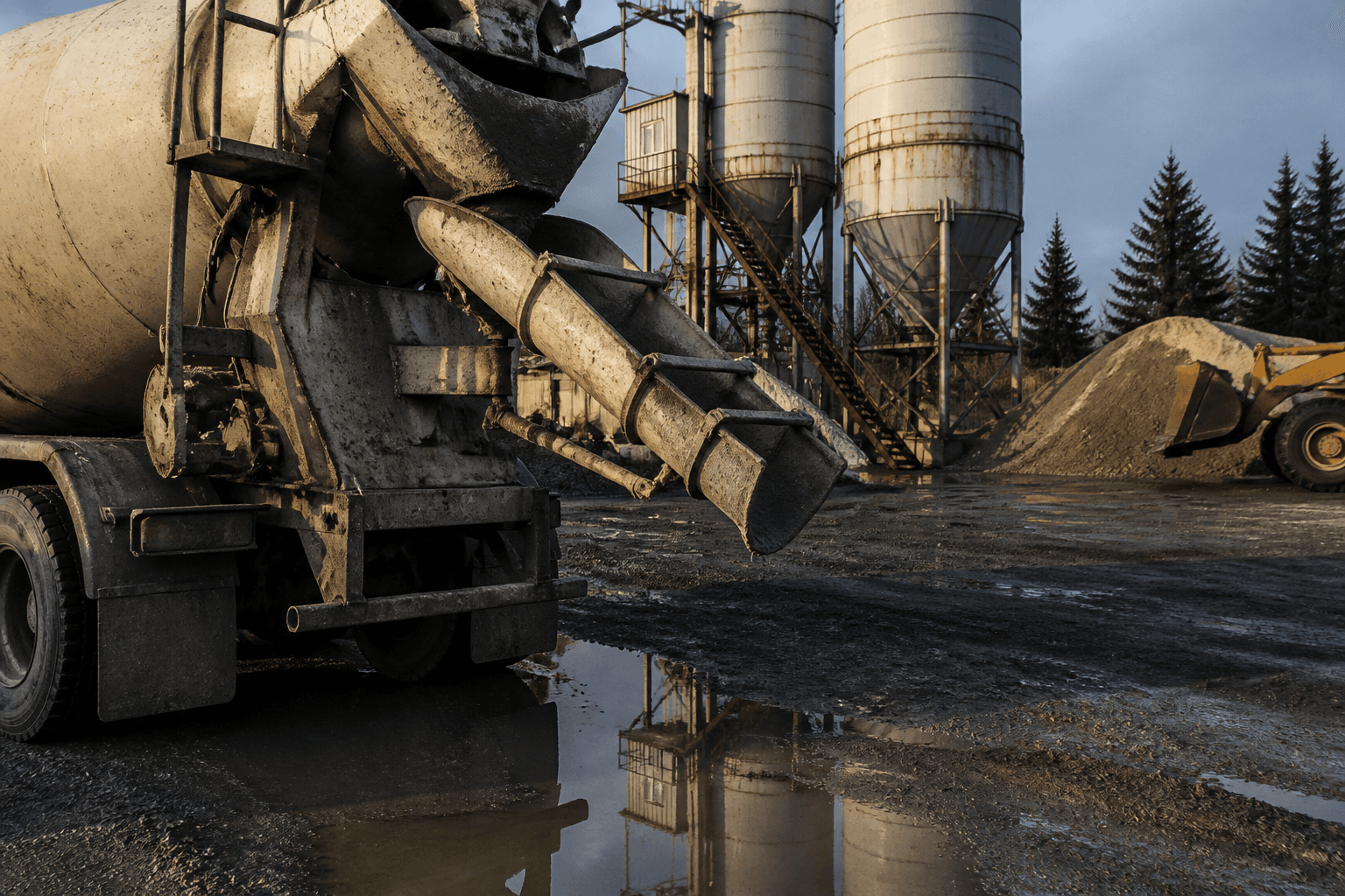 Weathered ready-mix mixer and chute in a batch-plant yard with silos beyond
